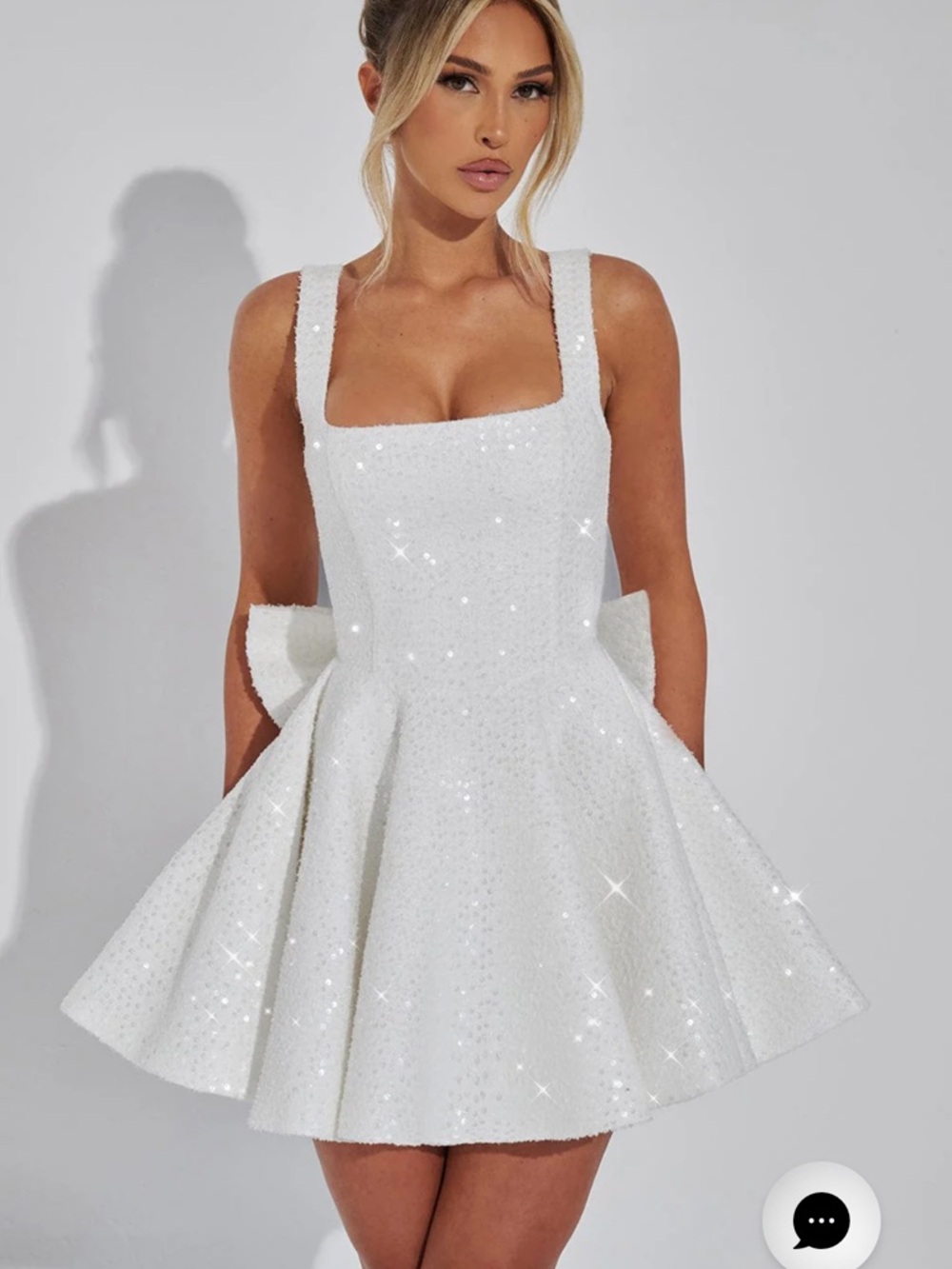 White Sequin Square-Neck Mini Dress with Bow Detail